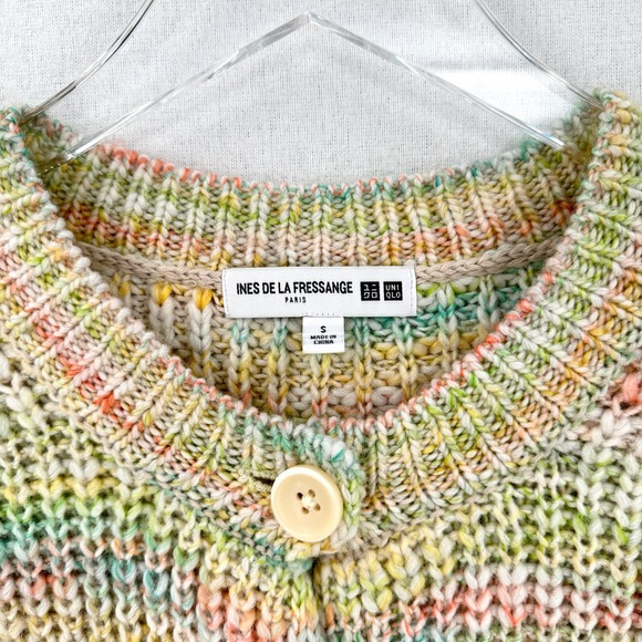 UNIQLO X INES DE LA FRESSANGE Chunky Crewneck Cardigan Sweater S Pastel Rainbow - Picture 13 of 15